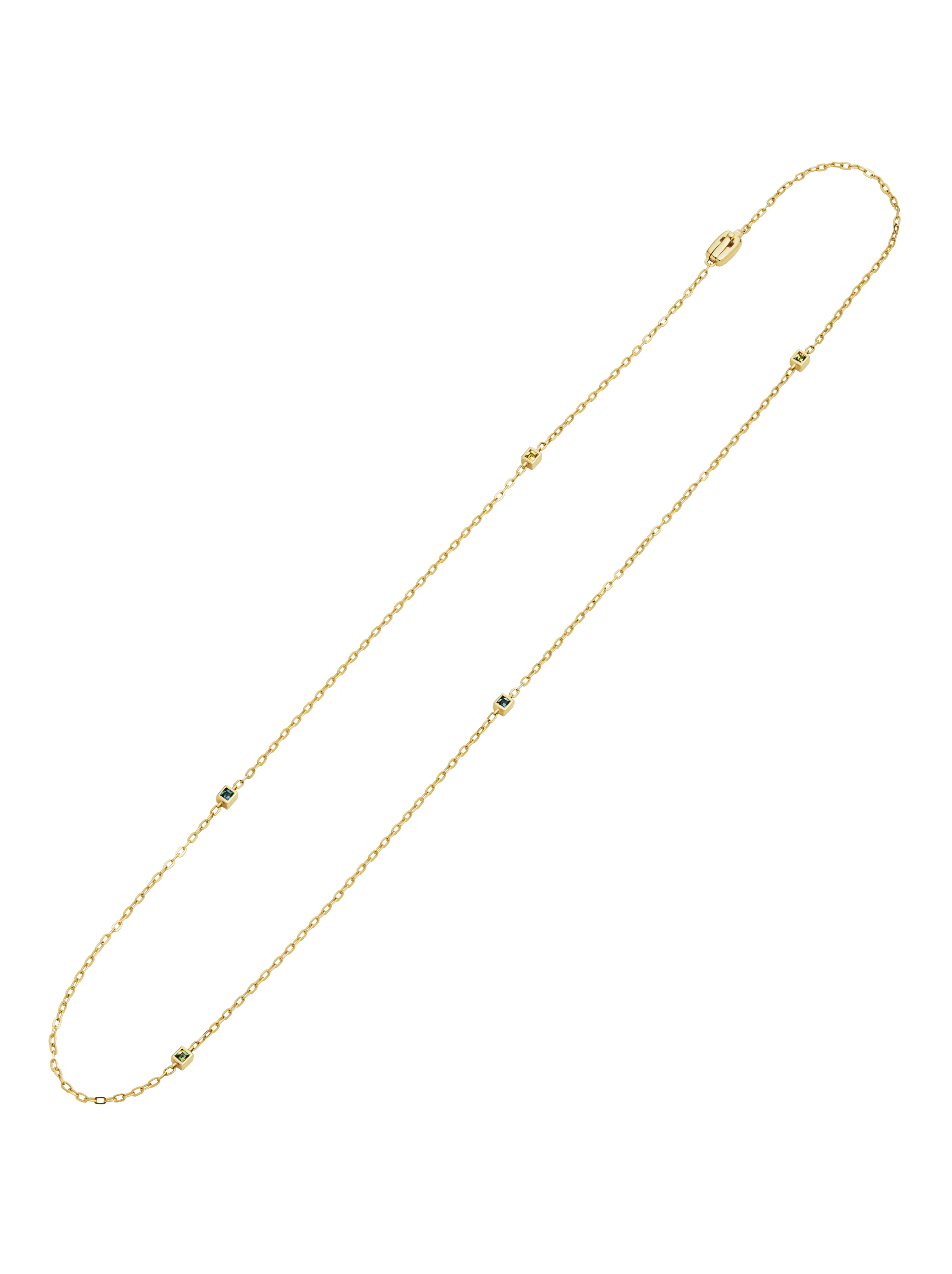 18 k gold chain necklace featuring five square cut Queensland Sapphires spaced along a delicate chain.