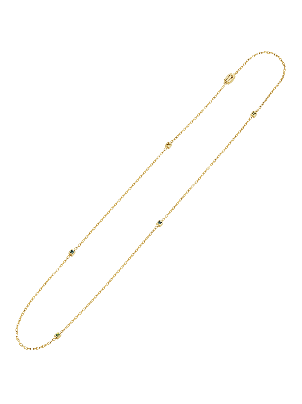 18 k gold chain necklace featuring five square cut Queensland Sapphires spaced along a delicate chain.