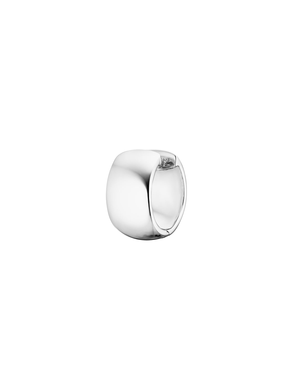 A silver  hoop earring with a smooth rounded design, shown on a plain white background